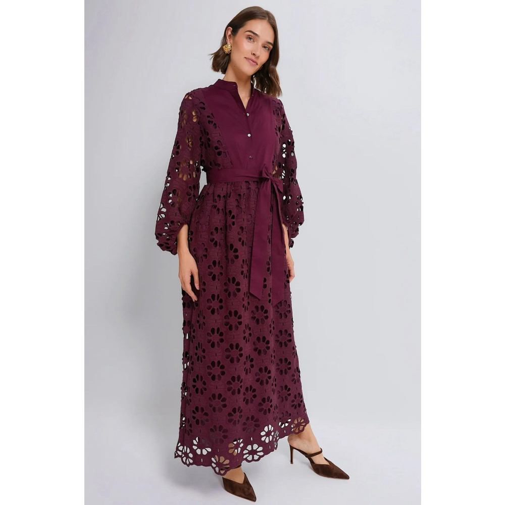 NWD Tuckernuck Maxi Dress 3XL Burgundy Calliope Merlot Lace Eyelet Puff Sleeve - Picture 2 of 10